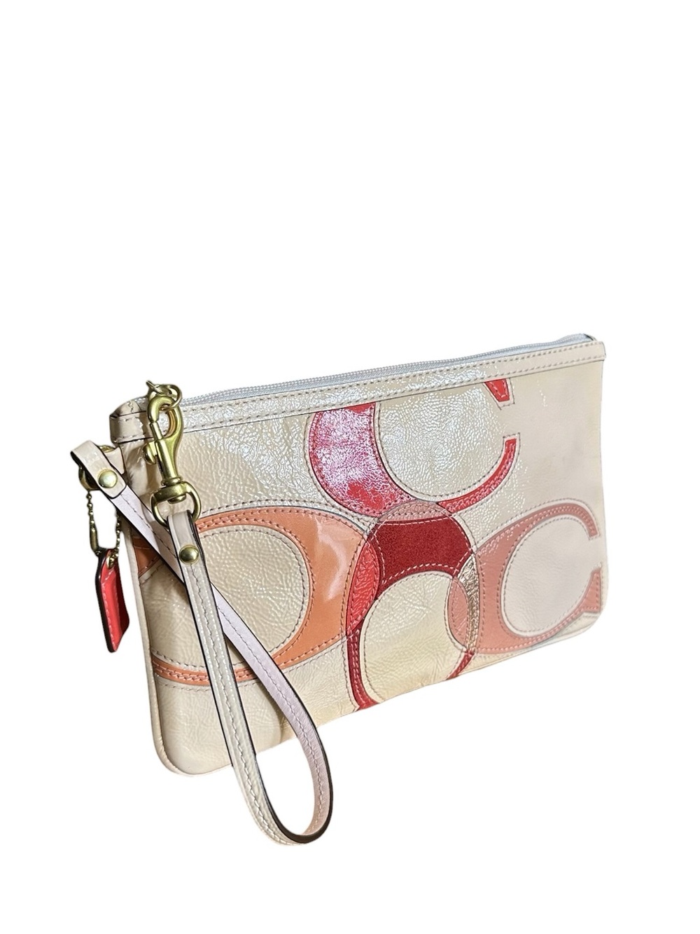 Coach Patchwork Patent Signature Wristlet Pouch Clutch Cream Pink Coral